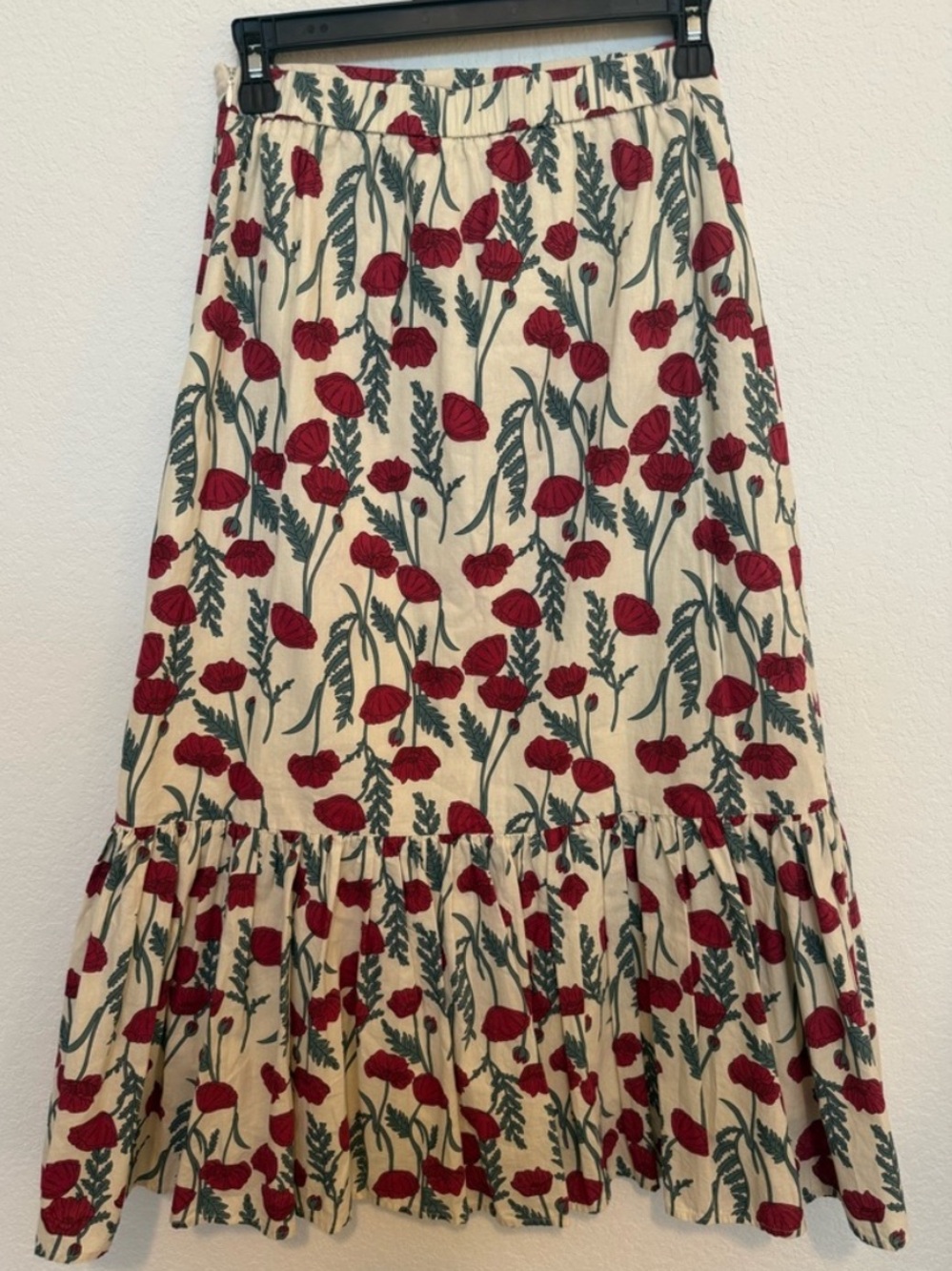 Cream Floral Tiered Midi Skirt with Red Poppy Print